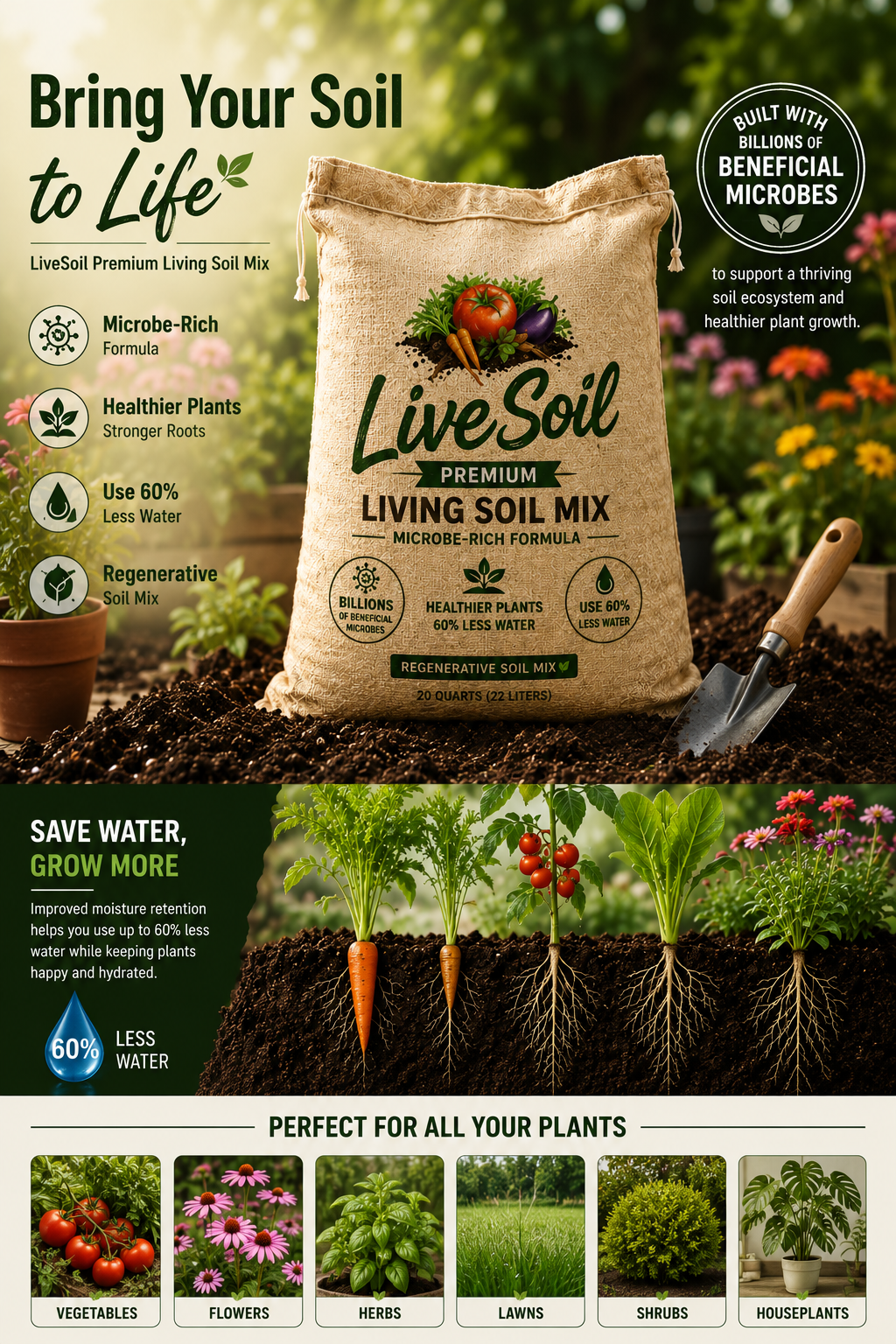 LiveSoil Premium Living Soil Mix | Microbe-Rich Formula for Healthier Plants & 60% Less Water